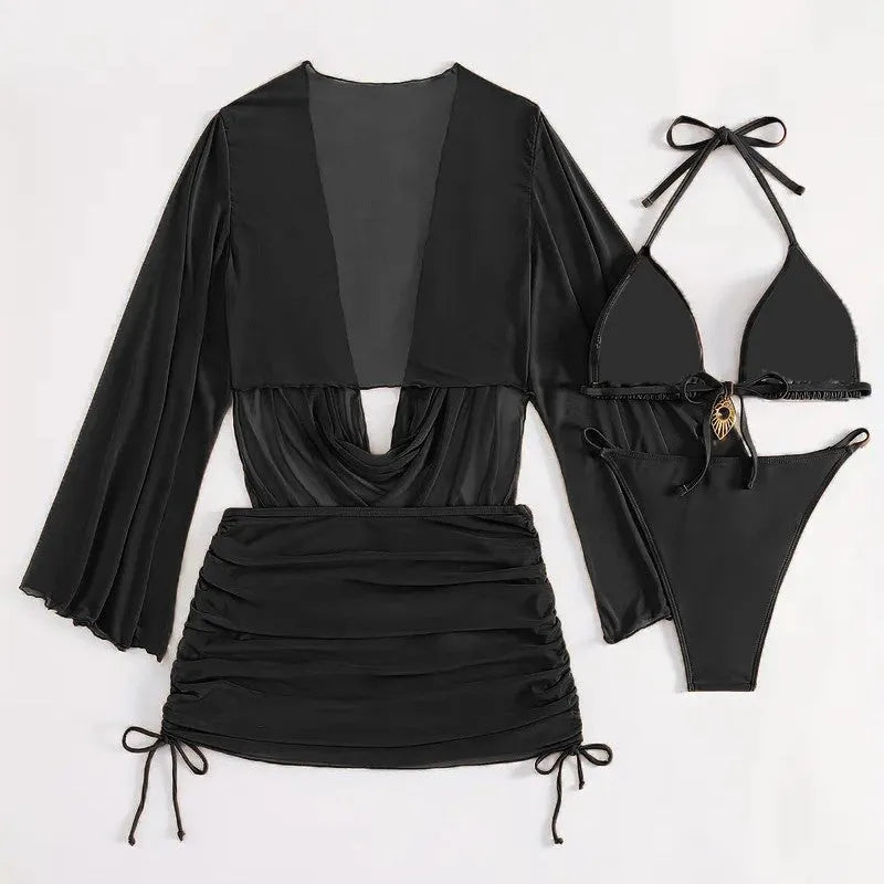 Dark brown lace-up backless women's bikini swimsuit laid flat