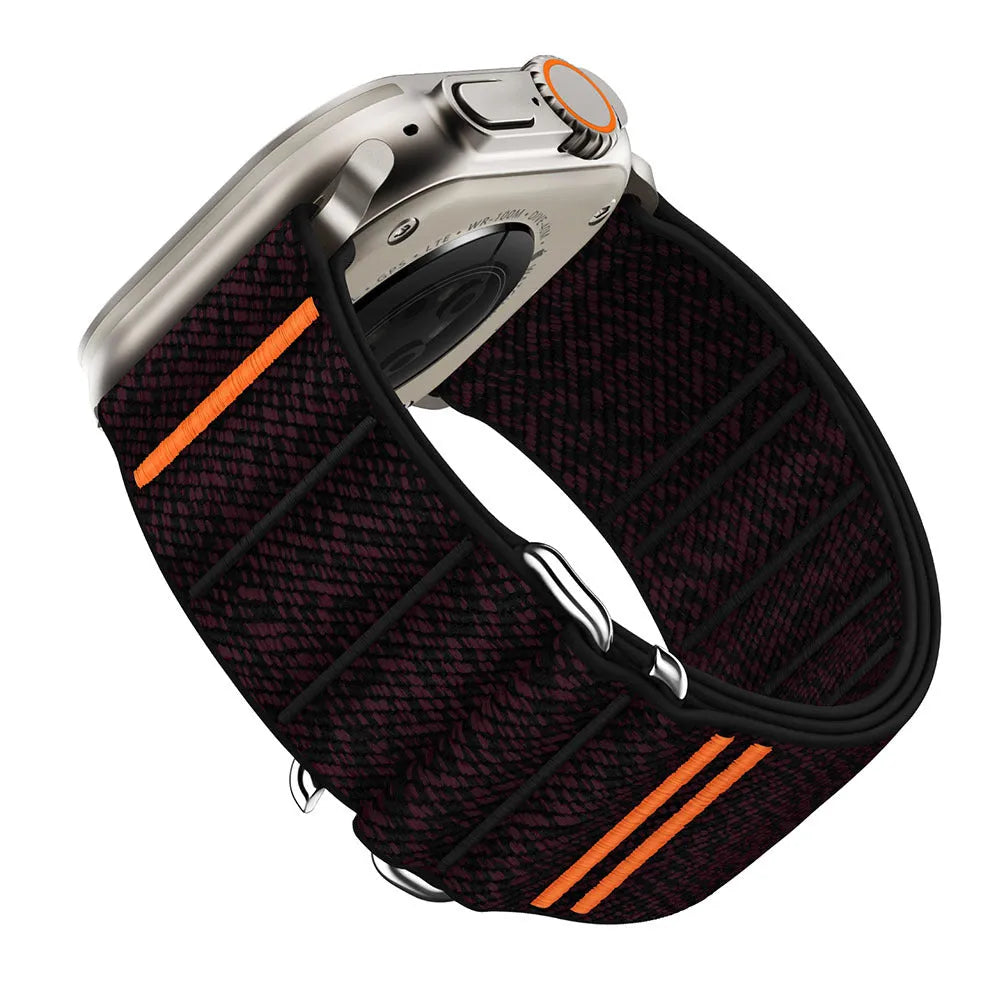 Elastic nylon Apple Watch band with stainless steel buckle in multiple colour options.