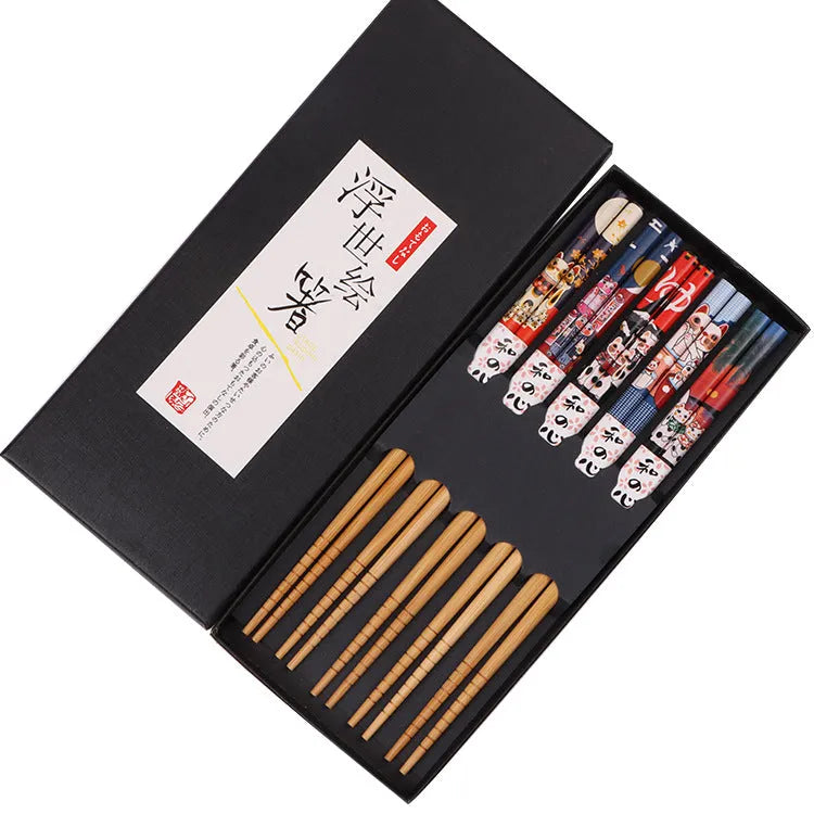 Japanese style bamboo chopsticks with cartoon patterns in lucky cat or blue designs