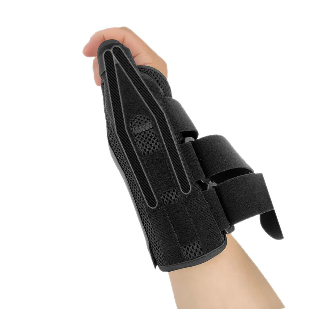 Black or gray carbon fiber sports wrist guard with thumb strap for left or right hand support