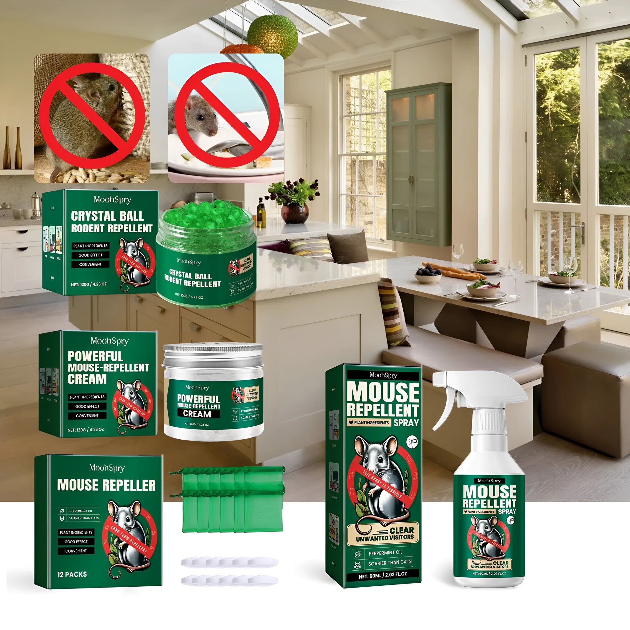 60ml bottle of natural rat repellent spray with essential oils for home and car use.