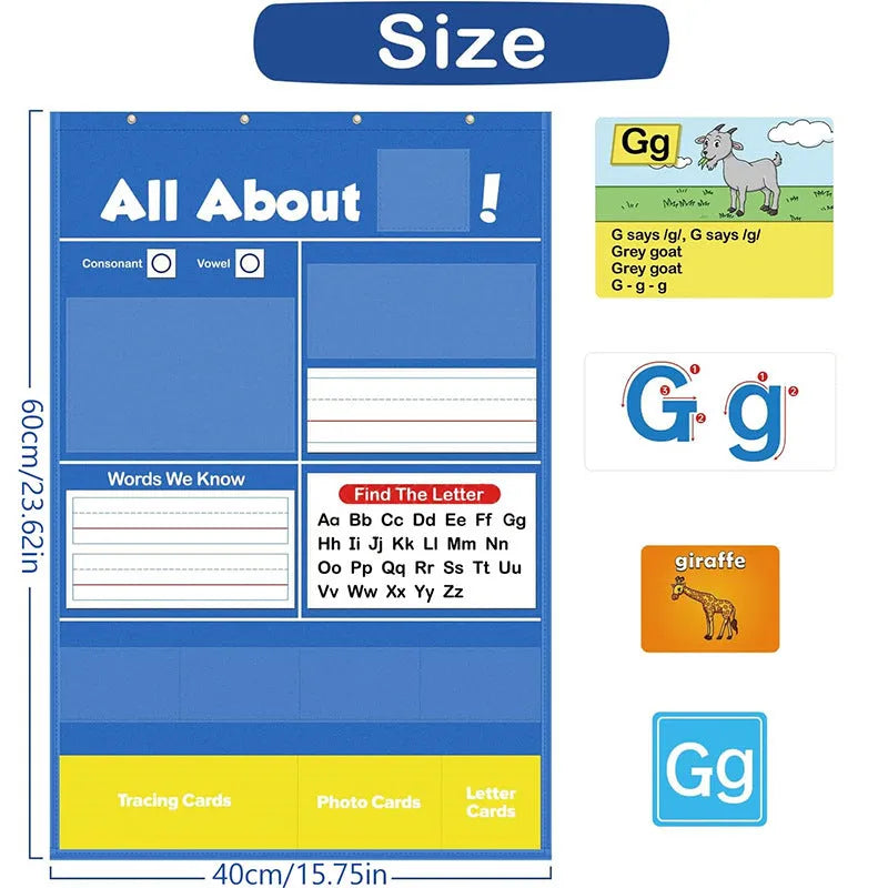 Children's alphabet learning sleeve chart with letter cards, word cards, and picture cards on a large 60x40 cm table mat.