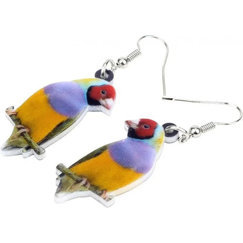 Pair of blue titmouse bird design pendant earrings made from printed acrylic.