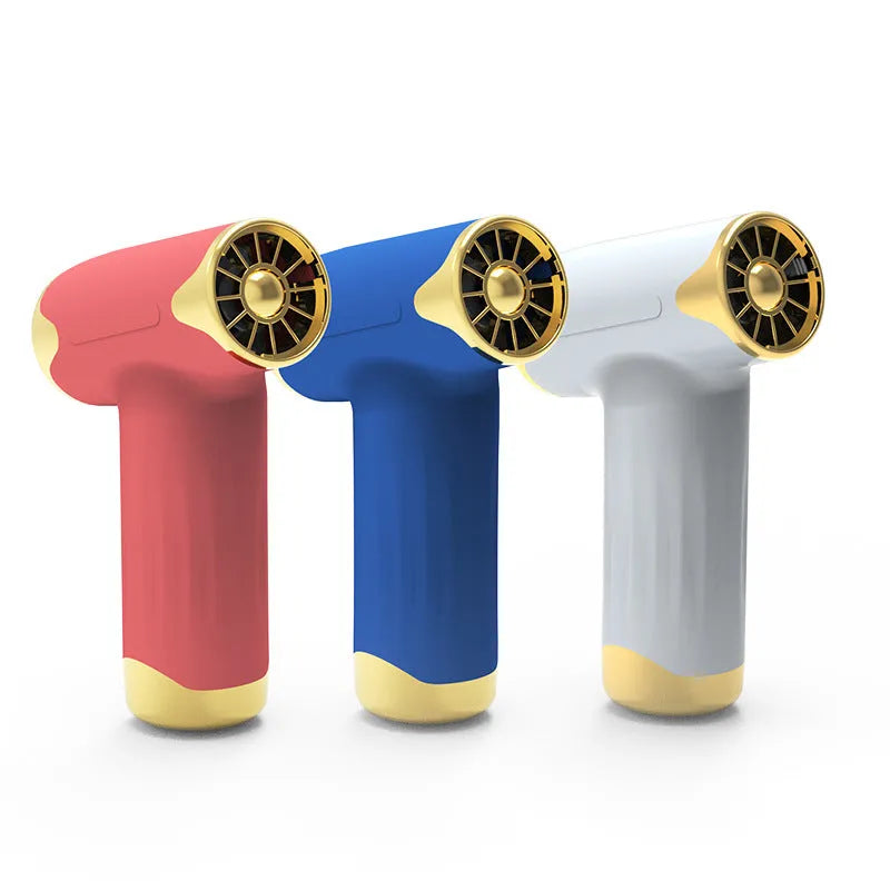 Blue handheld portable fan showing brushless turbofan and control buttons for rotation and multifunction settings