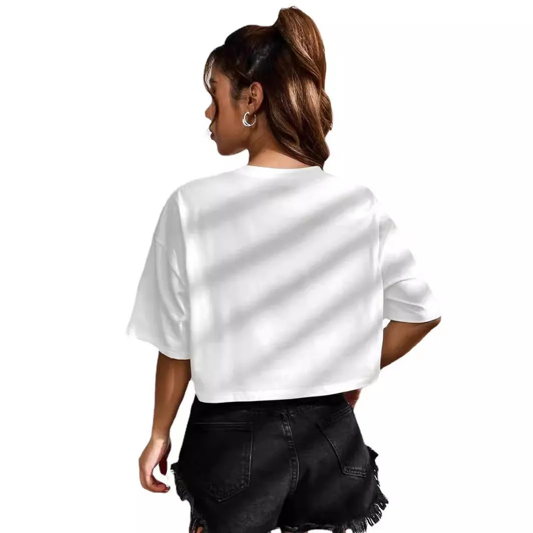 Black cotton summer t-shirt with personalised white English letters print and exposed navel design