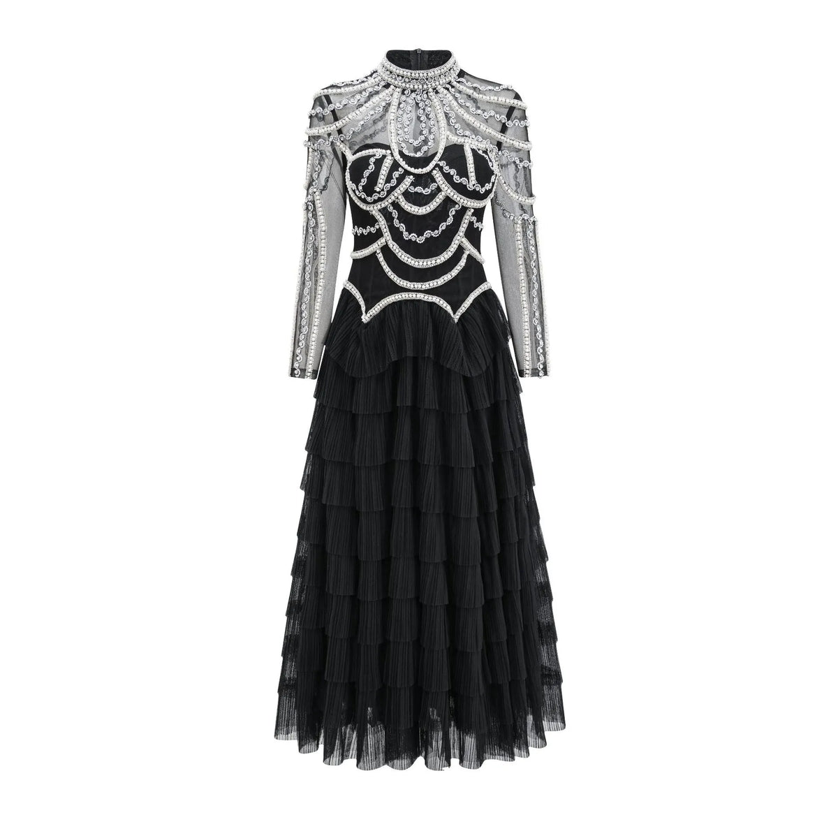 Women's long sleeve beaded dress in polyester fabric with mid waist design