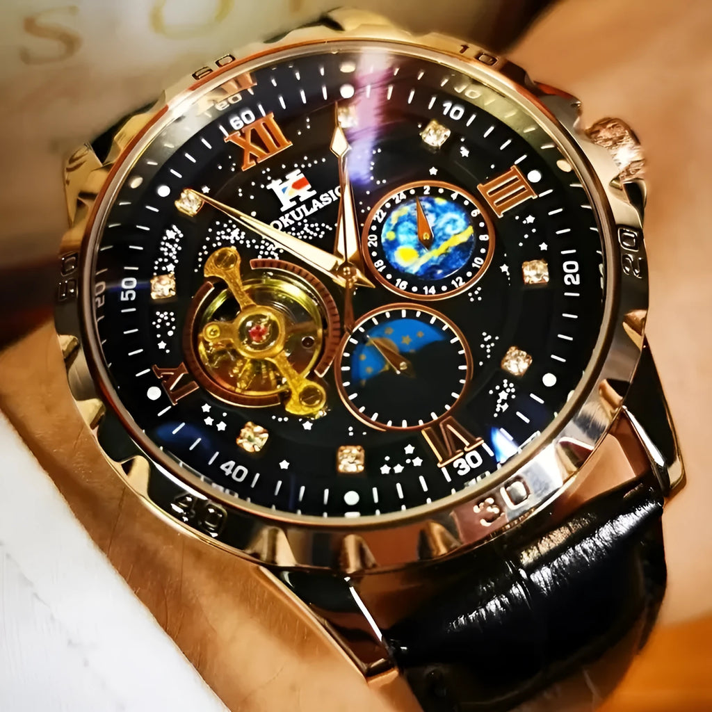 Automatic mechanical watch with hollow dial, black leather strap, and rose gold shell casing