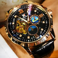 Automatic mechanical watch with hollow dial, black leather strap, and rose gold shell casing