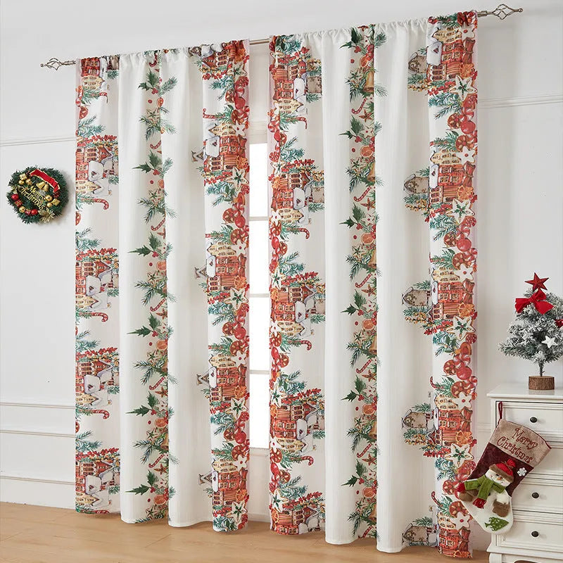 Christmas-themed printed polyester shading curtain with semi-sunshade function in rectangular shape