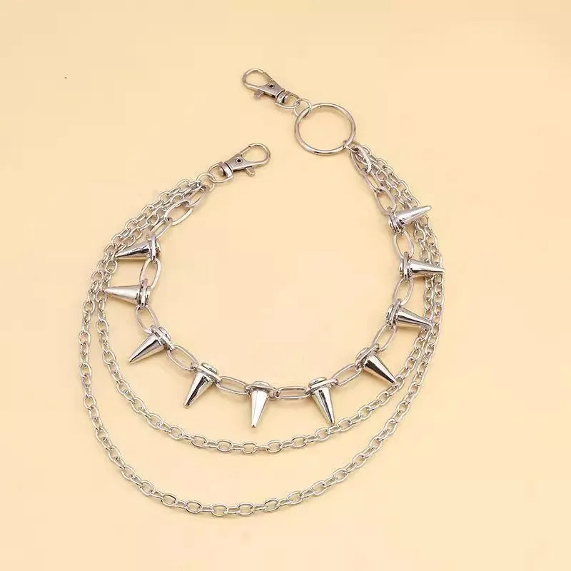 Silver metal punk chain with double layers, rivets, and a zipper decoration, shown at 115cm length.