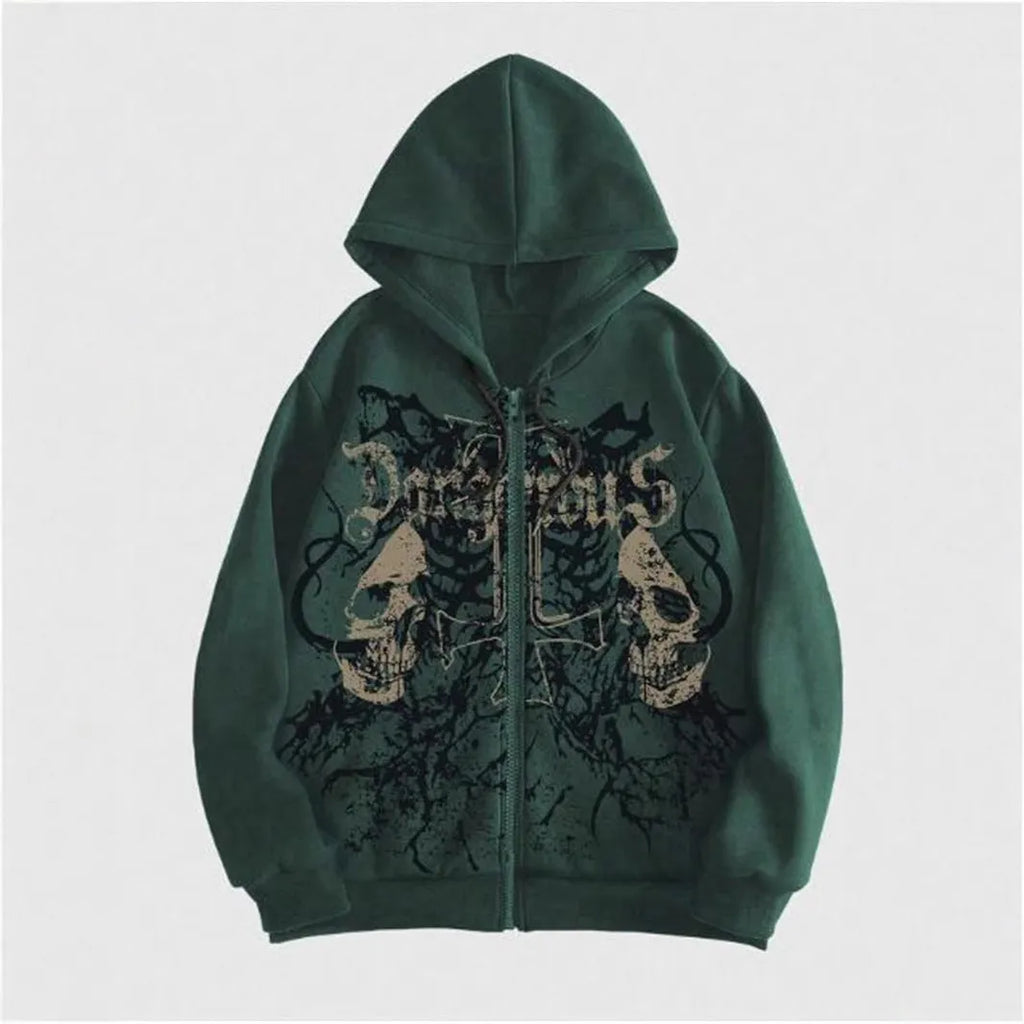 Men's black hooded sweatshirt with white skull print design, long sleeves, pullover style