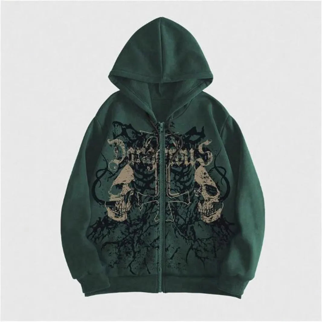 Men's black hooded sweatshirt with white skull print design, long sleeves, pullover style