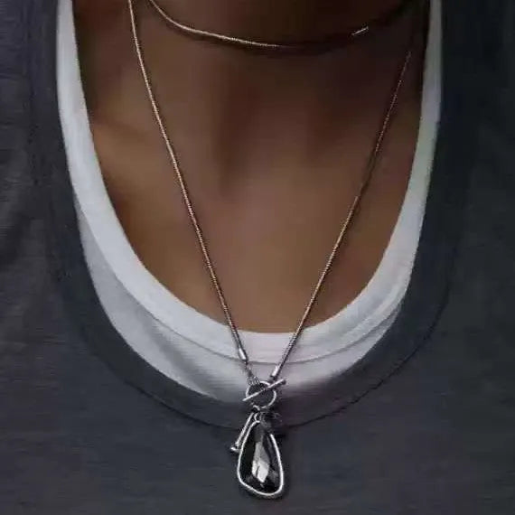 Women's long geometric pendant necklace with plaid pattern and snake bone chain in alloy