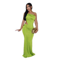 Women's long one shoulder pleated dress in European commute style with hip skirt