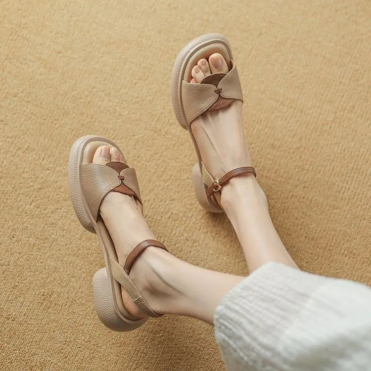 Women's beige chunky heel platform sandals with open toe and adjustable ankle strap.
