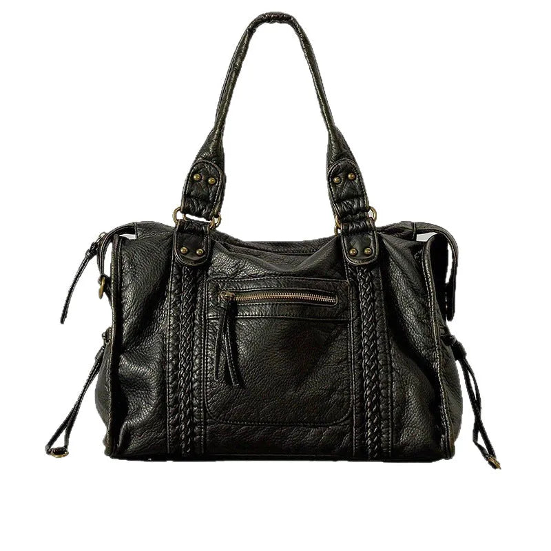 Women's French retro motorcycle messenger shoulder bag in soft PU leather with woven detailing