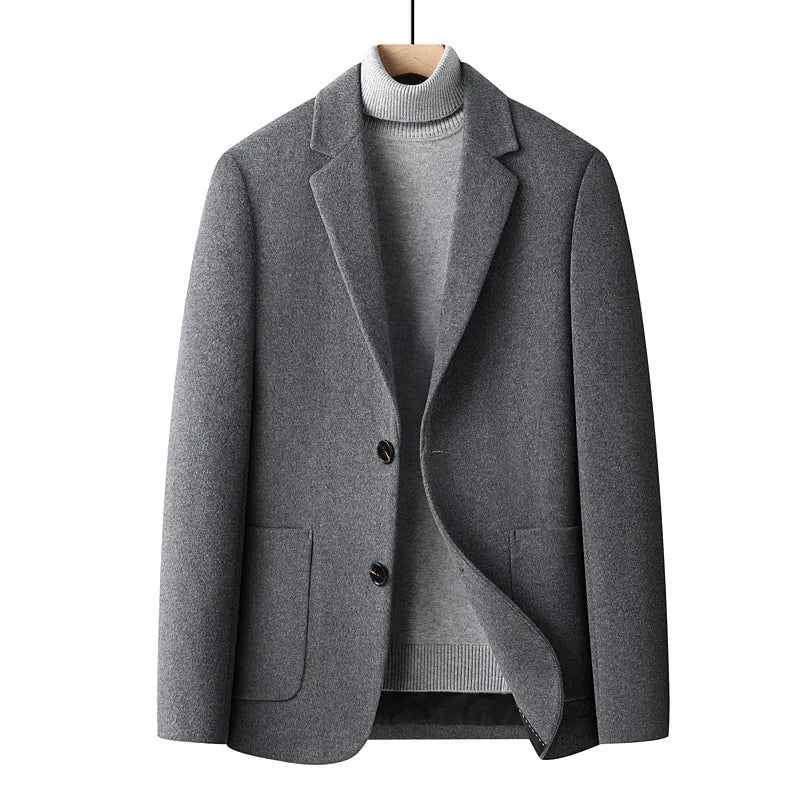 Men's short woolen suit jacket in grey showing slim fit non-iron design for autumn