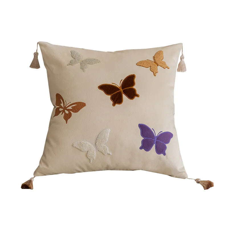 Square embroidered butterfly cushion with Chinese pattern in beige black purple colours