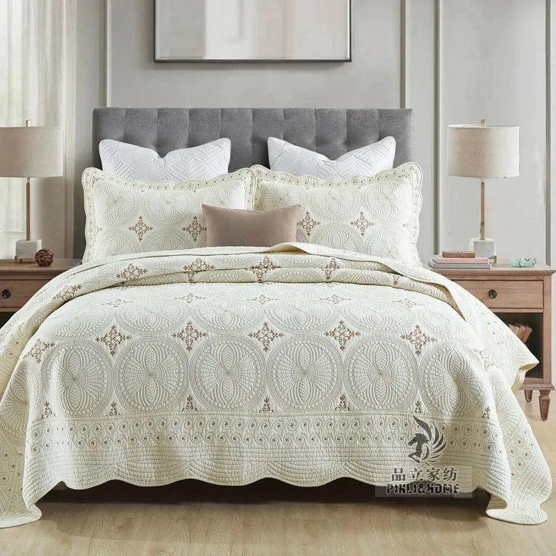 Double-thick pure cotton bed cover set with European-style embroidery for 1.8 metre beds