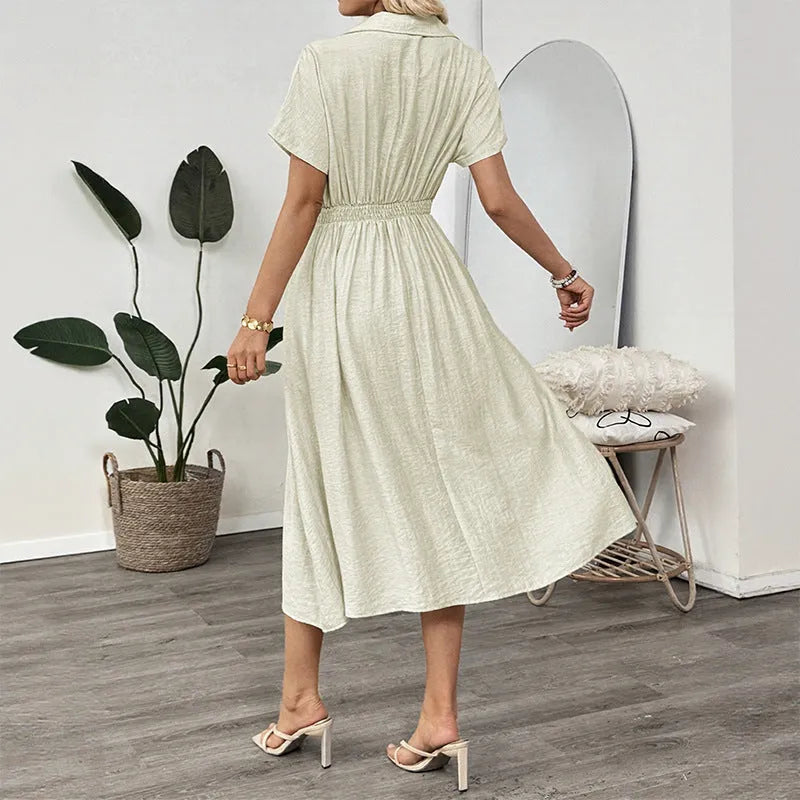 Light green lapel shirt dress with a waist tie and skirt pockets on a model.