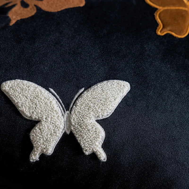 Square embroidered butterfly cushion with Chinese pattern in beige black purple colours
