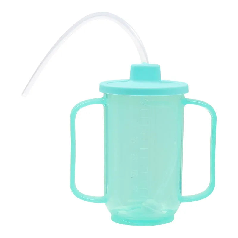 Adult care bed drinking cup with handle and lid, shown in oblique mouth choke proof style