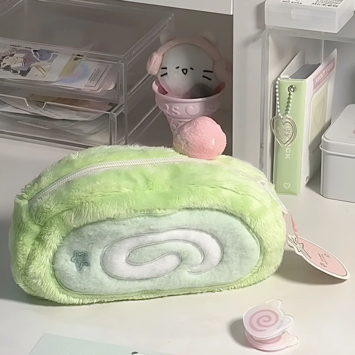Honeydew Roll velvet pencil case with Swiss Roll Cake design and zipper closure