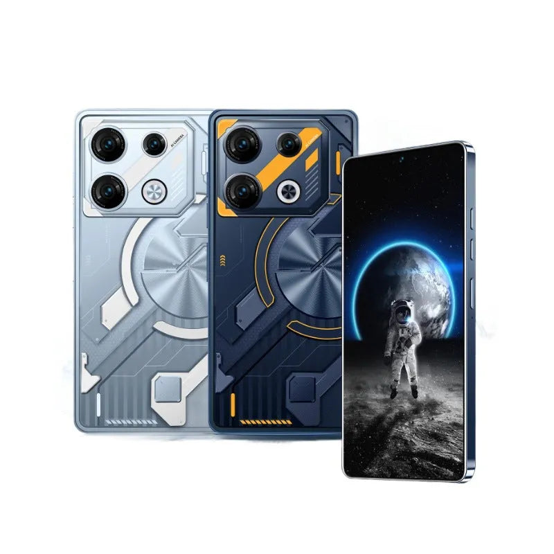 GT10 Pro Blue and Silver Android smartphones showing straight plate design on a table.