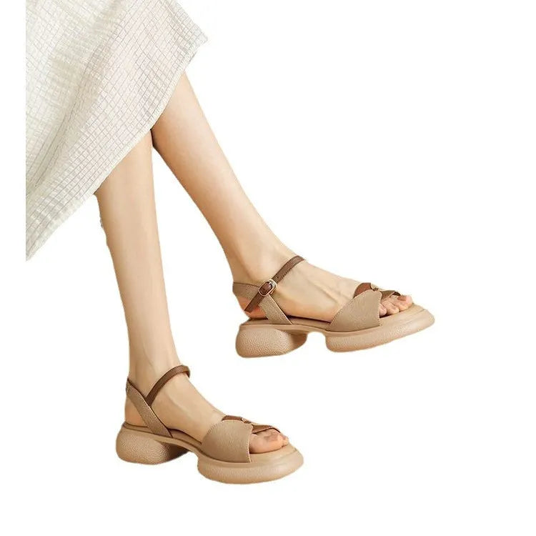 Women's beige chunky heel platform sandals with open toe and adjustable ankle strap.