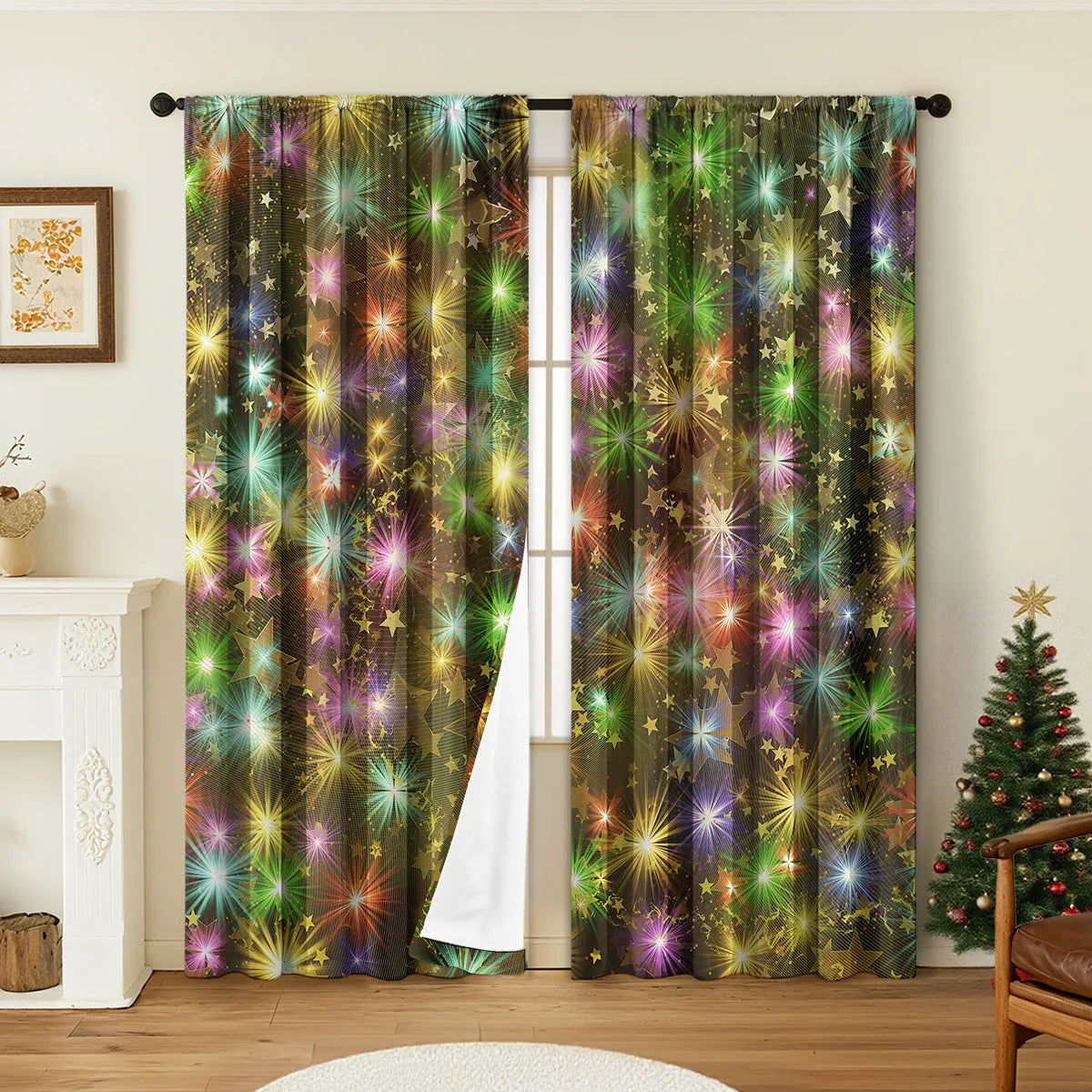 Set of two 3D digitally printed Christmas curtains with festive patterns