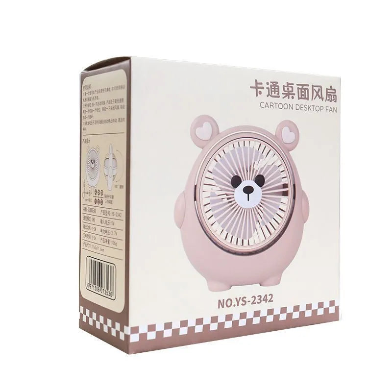 USB desktop electric fan with cute dog design in various colour options showing three-speed controls