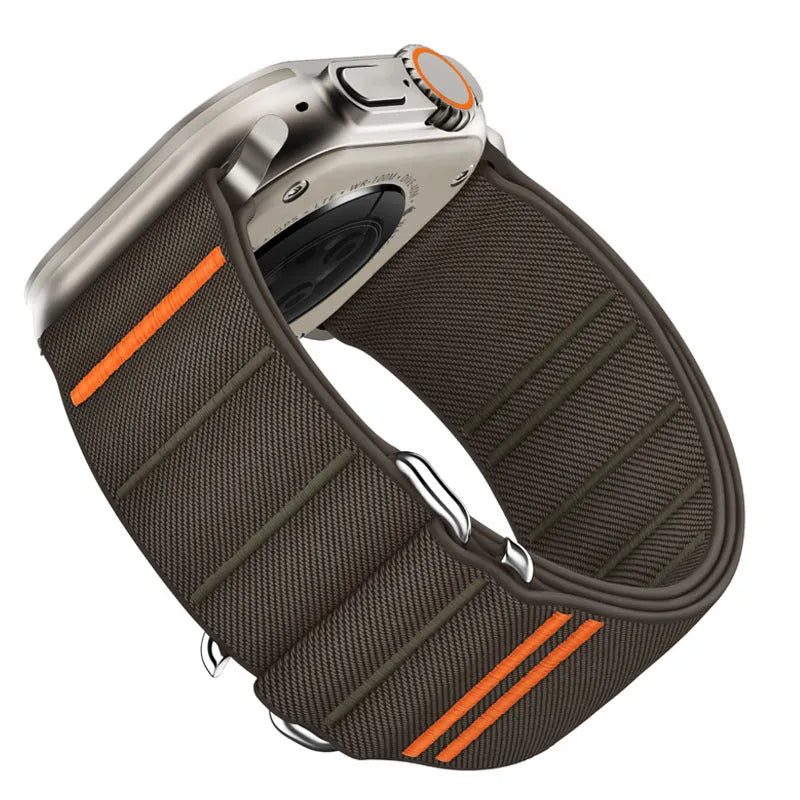 Elastic nylon Apple Watch band with stainless steel buckle in multiple colour options.