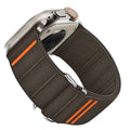 Elastic nylon Apple Watch band with stainless steel buckle in multiple colour options.