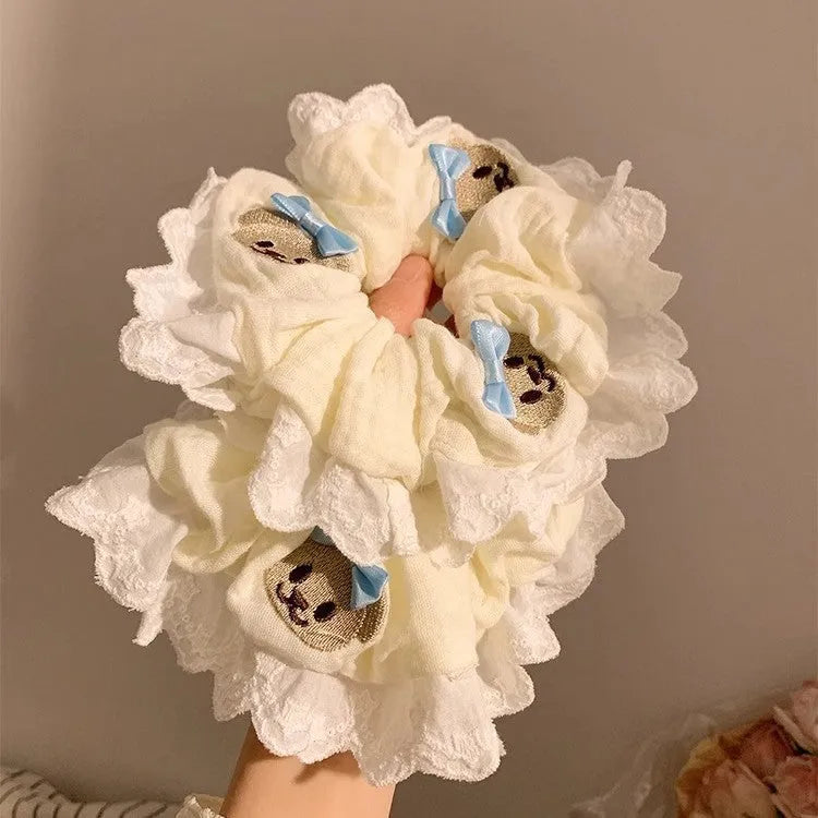 Bear blue bow lace large intestine hair ring made from polyester cloth with high elasticity band