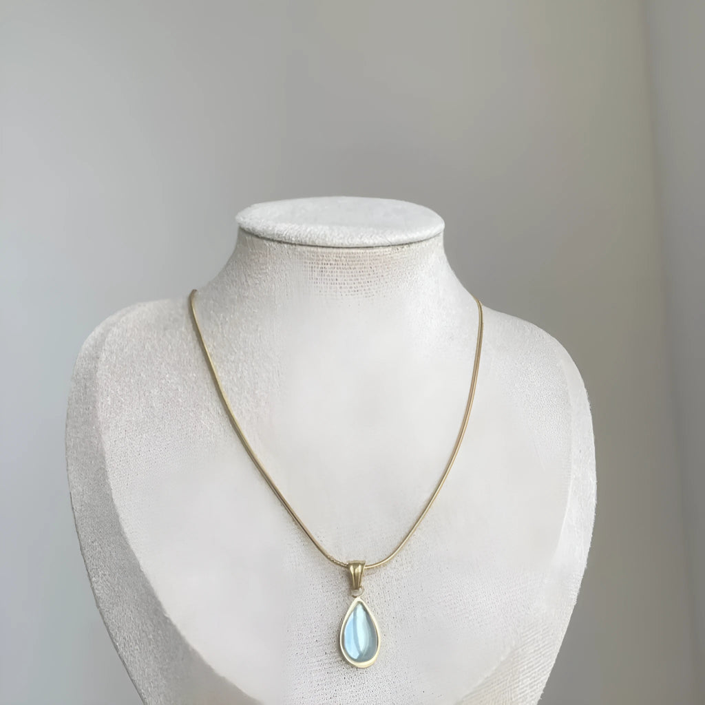 Retro blue water drop necklace with titanium steel snake bone chain for women
