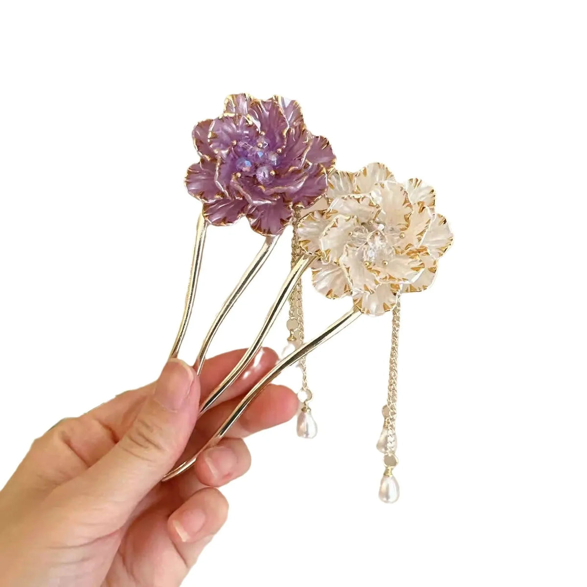 Purple and white peony flower tassel U-shaped hairpin with alloy electroplated construction