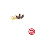 S925 sterling silver geometric earring with rainbow stone and flat head thread piercing in a gold colour.
