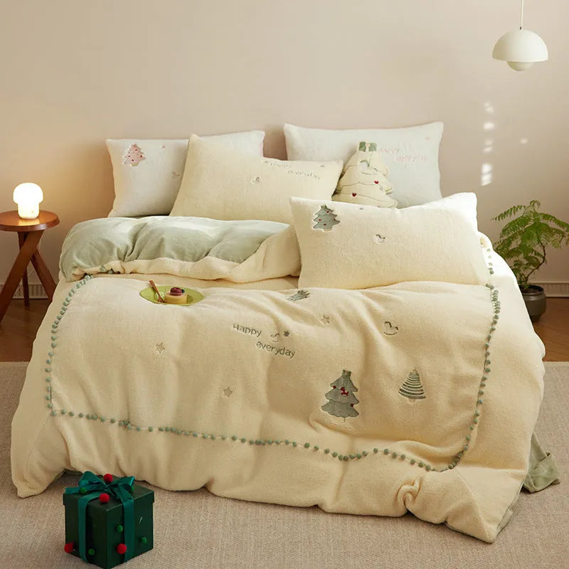 Winter milk fibre four-piece bedding set with green Christmas tree pattern and princess style design