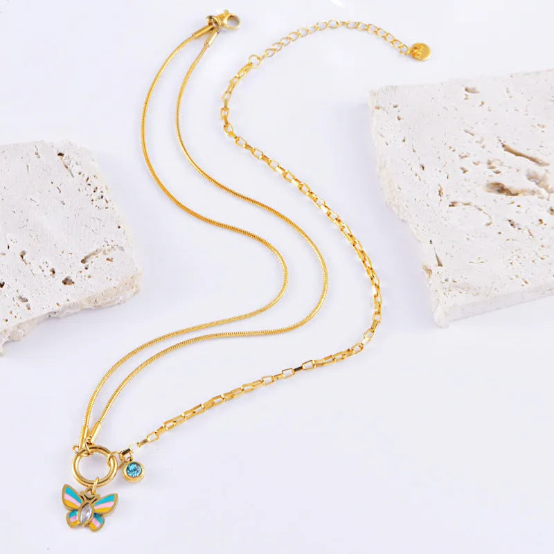 Gold titanium steel butterfly necklace and bracelet set with snake bone chain for women