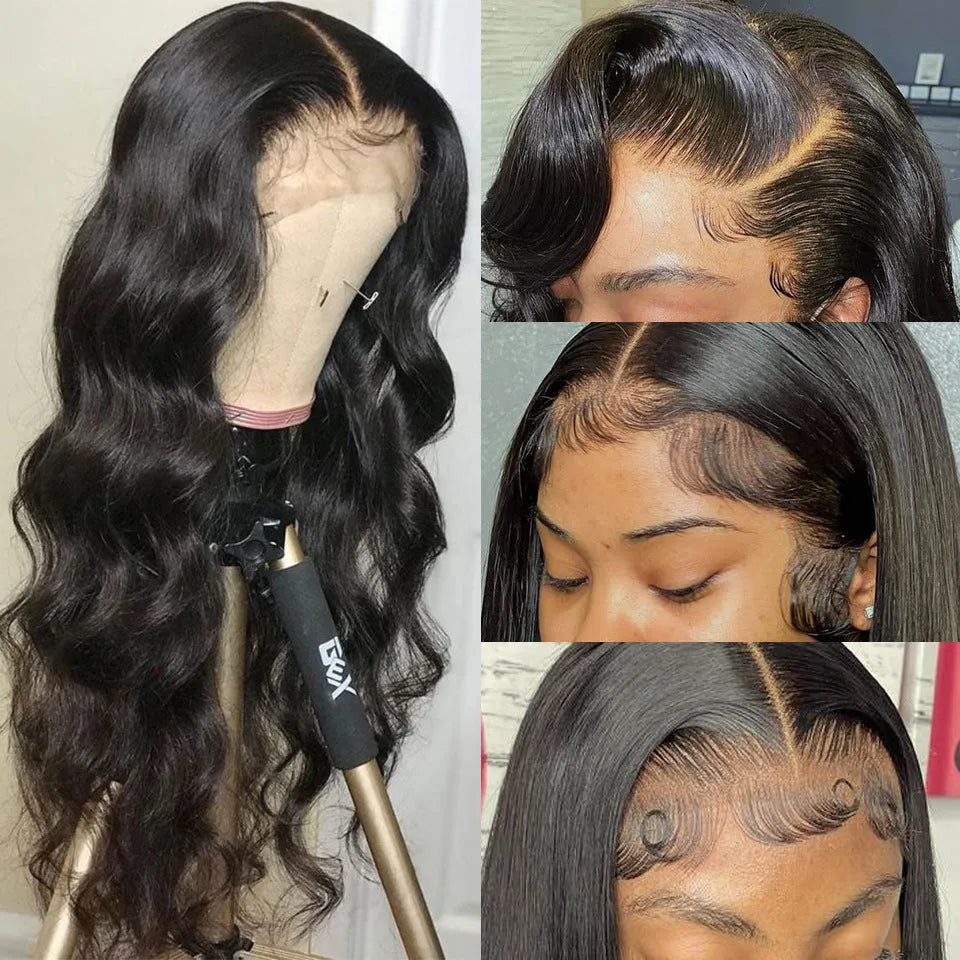 Black synthetic front lace wig with long curly hair and side bangs style