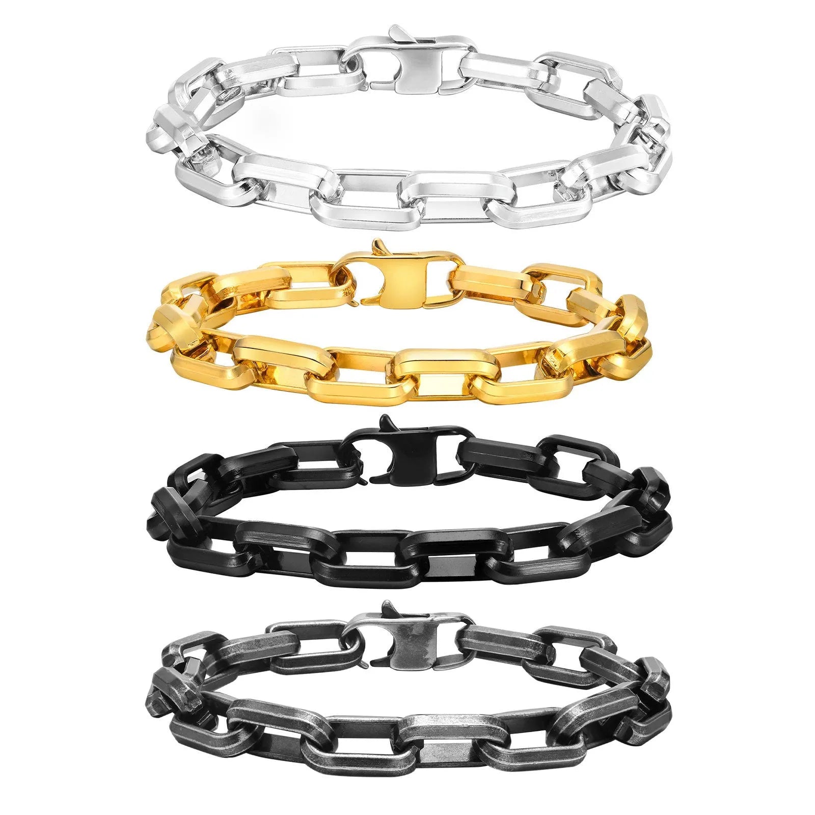 Men's stainless steel square chain bracelet in steel, gold, black and retro colour options