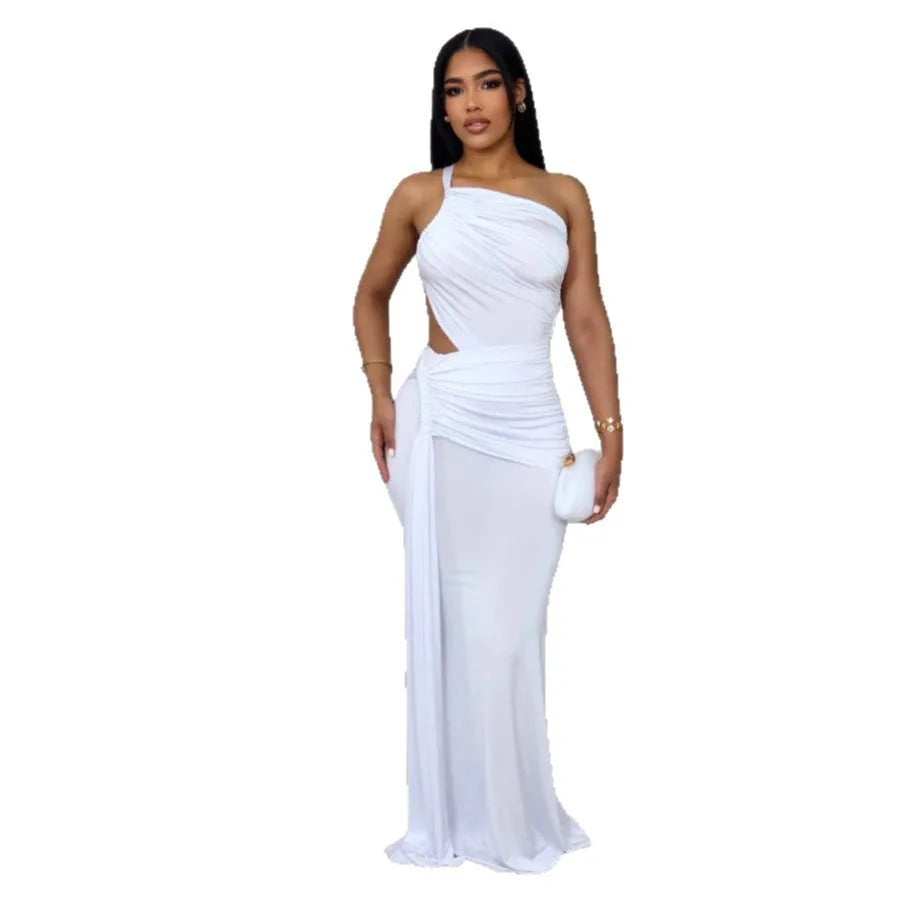 Women's long one shoulder pleated dress in European commute style with hip skirt