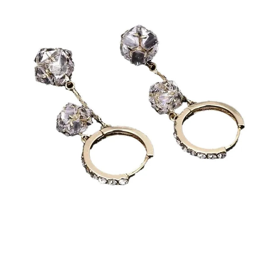 Silver women's drop earrings with tassel ball and rhinestone ball confession balloon design