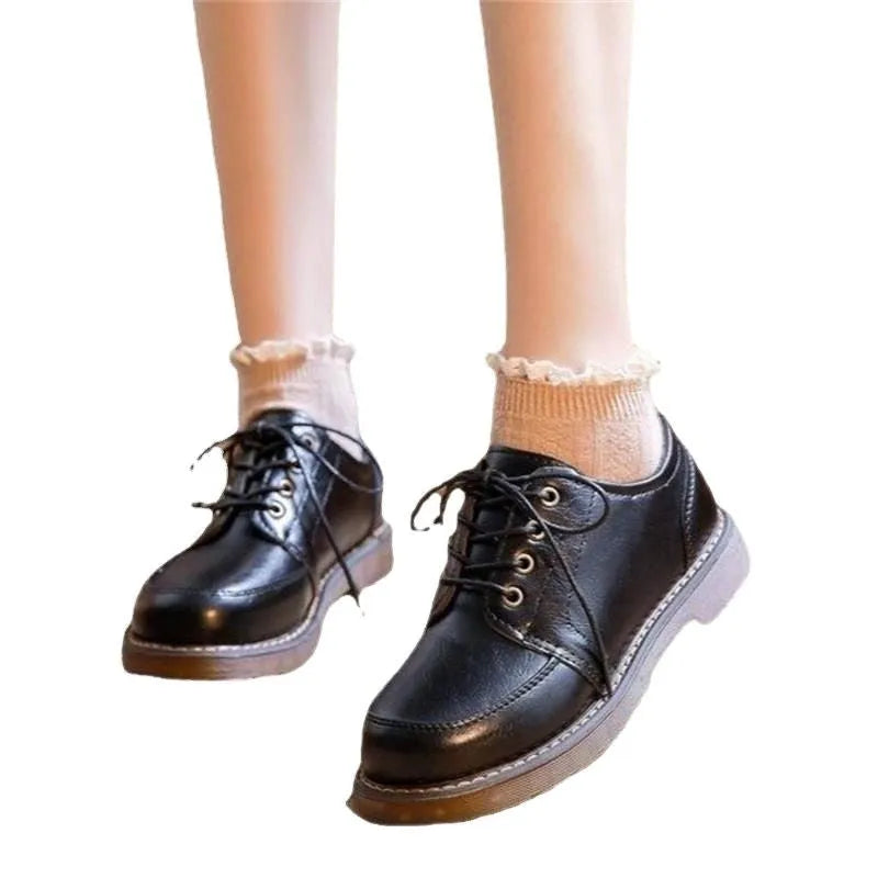 Women's black preppy style Mary Jane shoes with square low heel and round toe