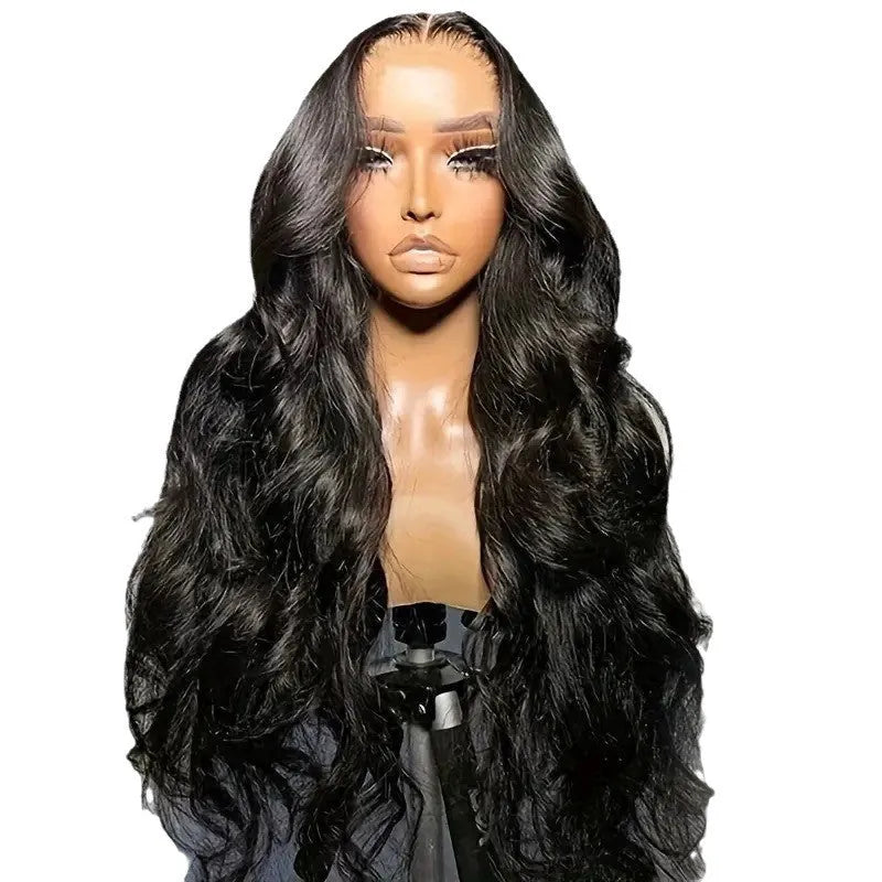 Black synthetic wig with big wavy hairstyle on a mannequin head.
