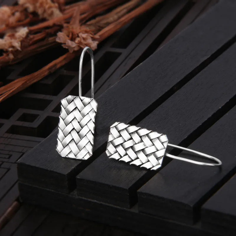 925 silver geometric earrings with woven diamond plaid pattern, 17.5mm drop.