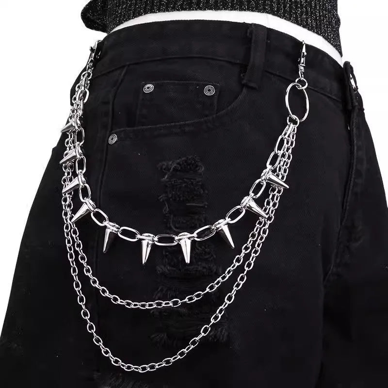 Silver metal punk chain with double layers, rivets, and a zipper decoration, shown at 115cm length.