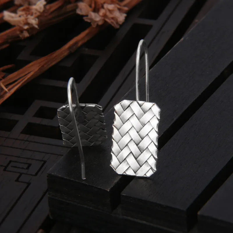 925 silver geometric earrings with woven diamond plaid pattern, 17.5mm drop.