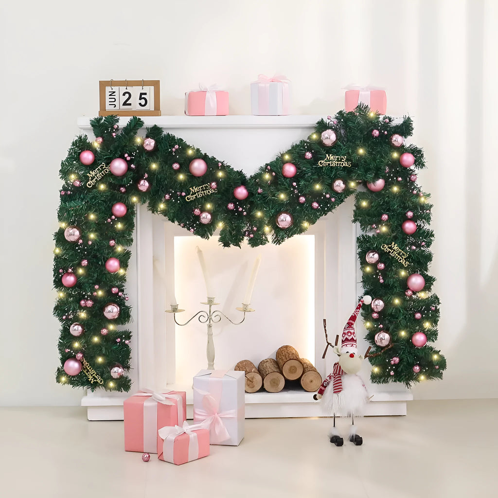 Long pink small fruit rattan Christmas garland draped over a stair bannister with optional LED lights