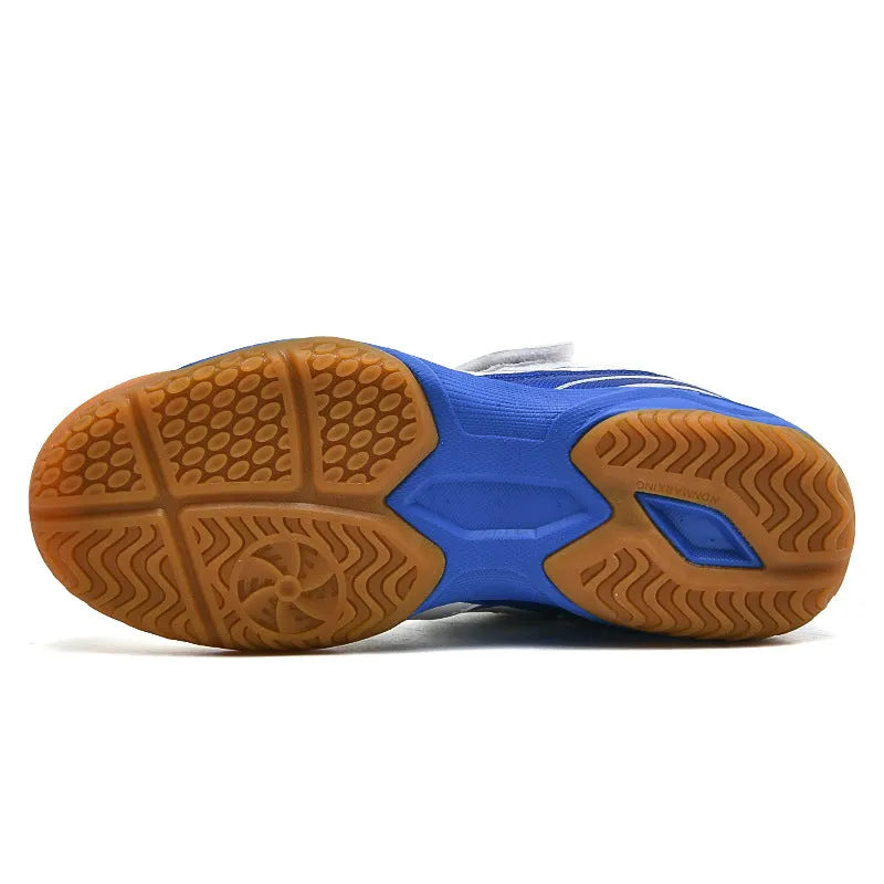 White and blue PVC badminton shoes with a ribbed sole and low-top casual design